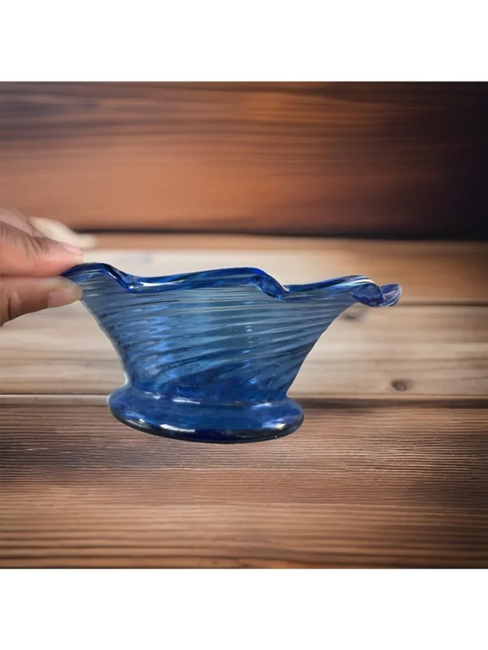 Vintage Cobalt Blue Hand Blown Swirl Glass Bowl With Saucer Unsigned